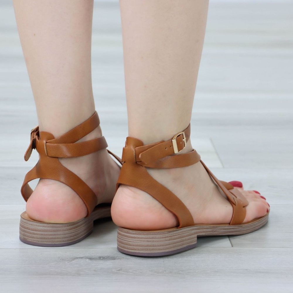 Tan Strappy Trendy Comfy Flat Gladiator Comfort Sandal Slip On Sliders - Picture 10 of 12